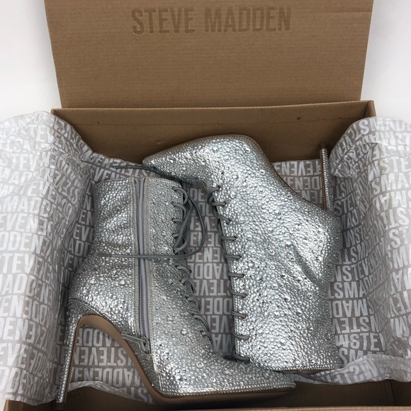 NWT Steve Madden Valency Crystal Embellished Lace Up Stiletto Heeled Ankle Boots - Picture 6 of 10